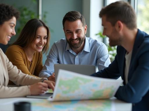 A diverse team at Wegweiser Reisedienste collaborating on travel plans in their Cologne office, with maps and laptops.