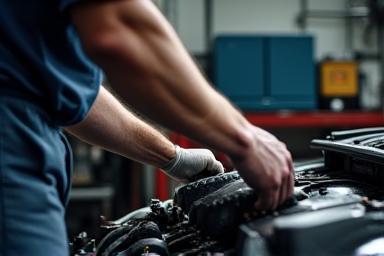 Mechanic performing a pre-trip inspection on a car engine bay