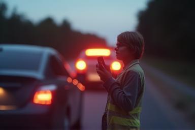 Driver safely by the roadside next to their car, making a call for assistance