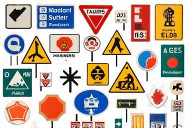 Assortment of European vignette stickers and toll road signs collage